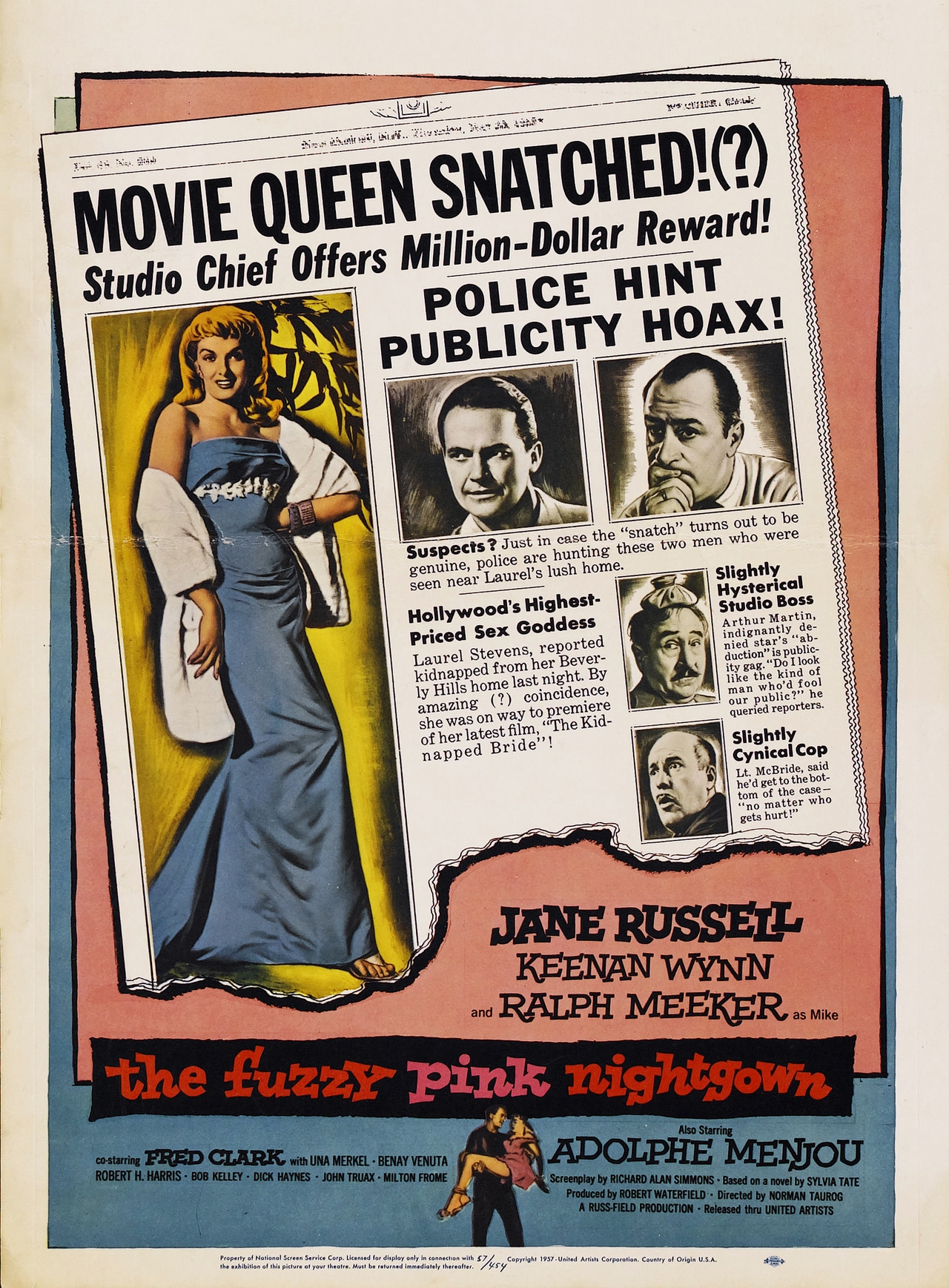 Keenan Wynn در صحنه فیلم سینمایی The Fuzzy Pink Nightgown به همراه Jane Russell، Adolphe Menjou، Ralph Meeker و Fred Clark