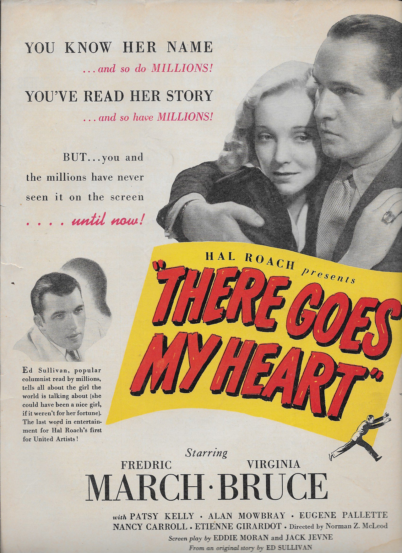 Virginia Bruce در صحنه فیلم سینمایی There Goes My Heart به همراه Ed Sullivan و فردریک مارچ