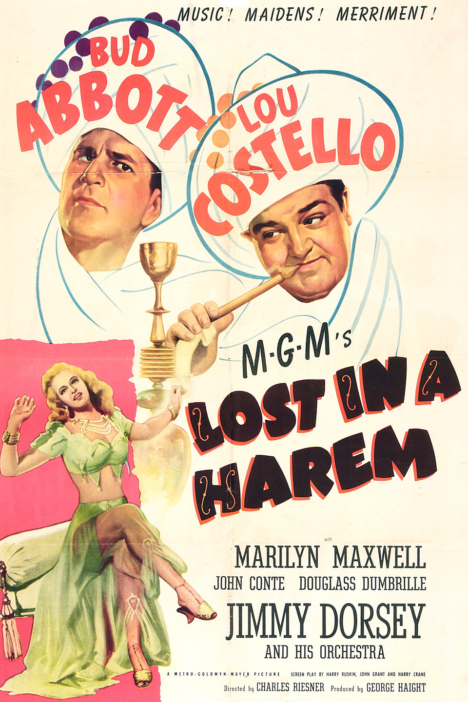 Marilyn Maxwell در صحنه فیلم سینمایی Lost in a Harem به همراه Bud Abbott، Douglass Dumbrille، John Conte و Lou Costello